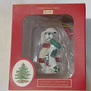 SPODE Christmas Tree Ceramic Ornament Puppy Dog With Stocking In Box